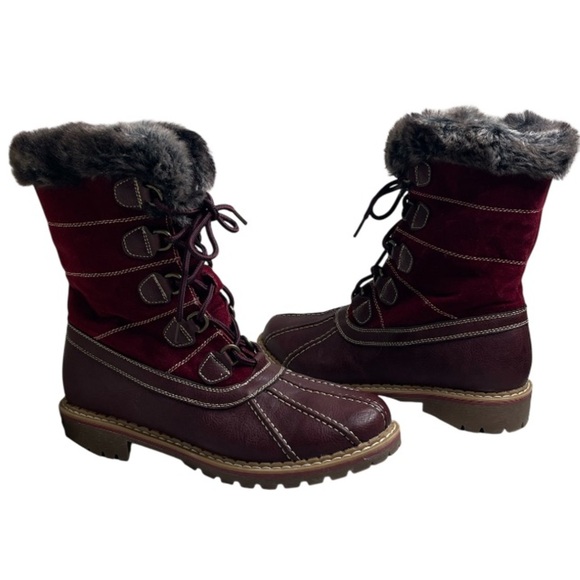 Burgundy Red Lace Up Zip Winter Boots Faux Fur Leather Suede 9 - Picture 1 of 8